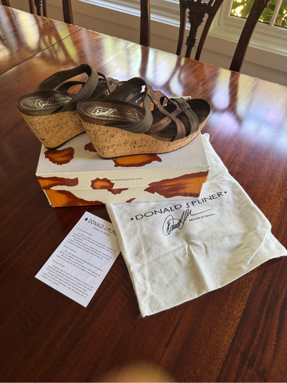 Donald J. Pliner Bethia Brown and Bronze Leather Cork Wedge Sandals